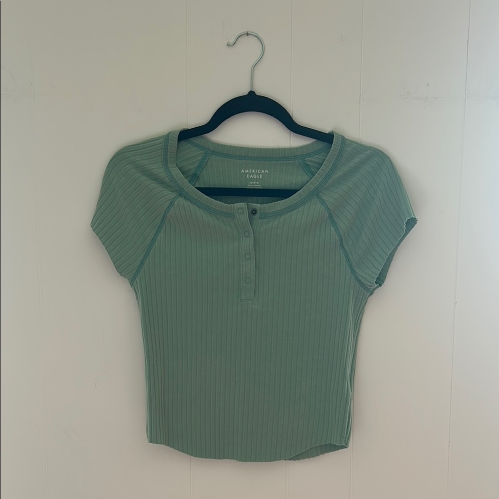 American Eagle Outfitters Green Raglan Polo Crop Top